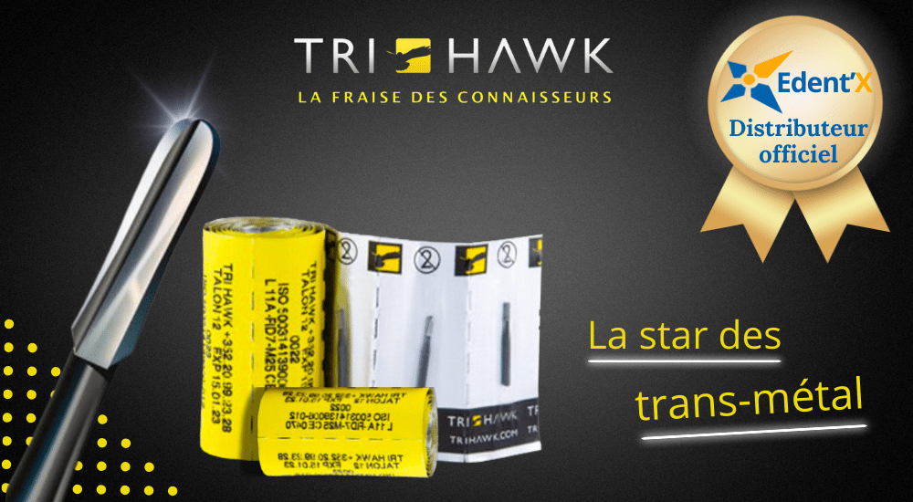 Edent’X, fournisseur officiel de la fraise trans-métal TRI HAWK : L’allié indispensable pour vos découpes de couronnes céramo-métal.